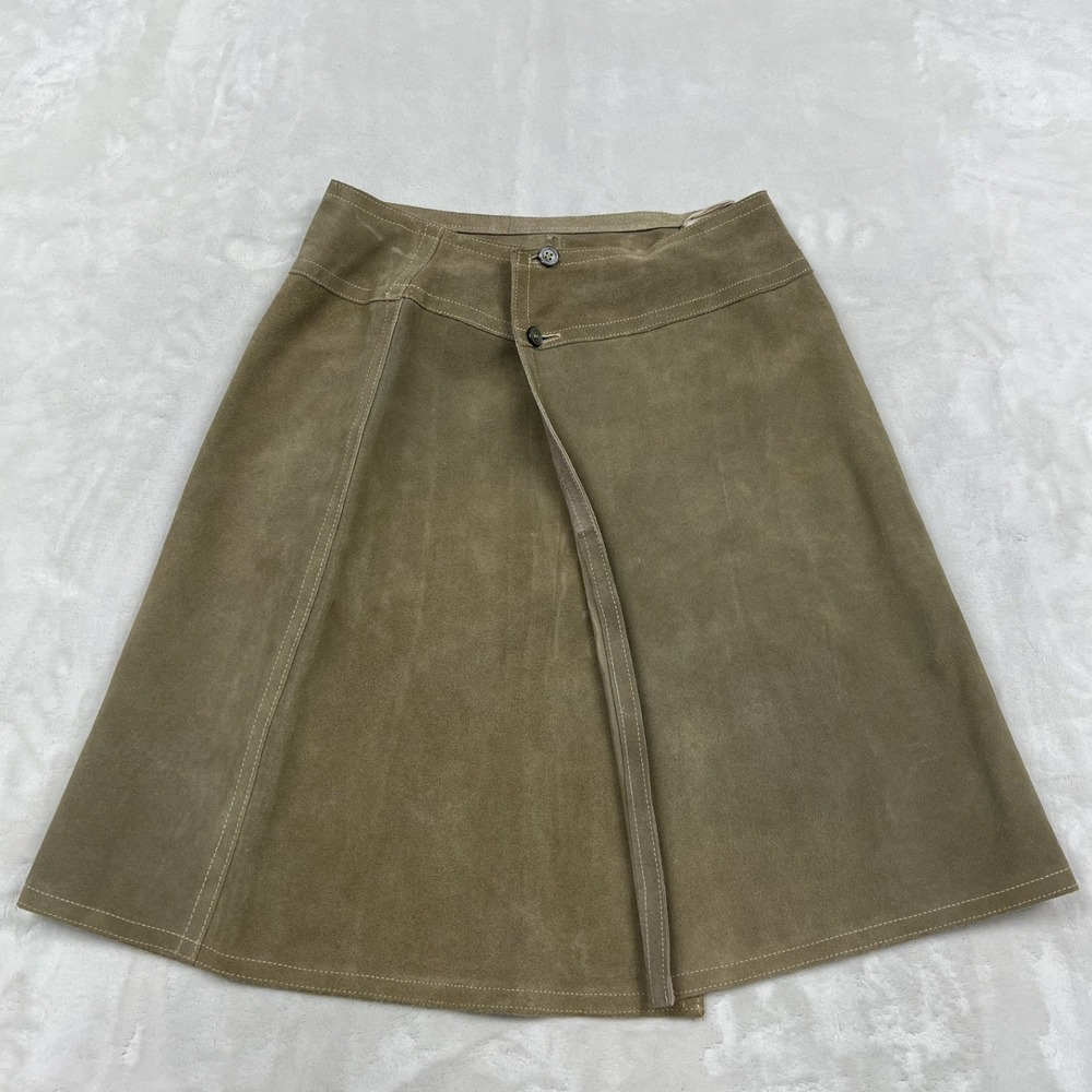 Vintage Suede Wrap Skirt Womens M Olive Green Leather A-Line Midi